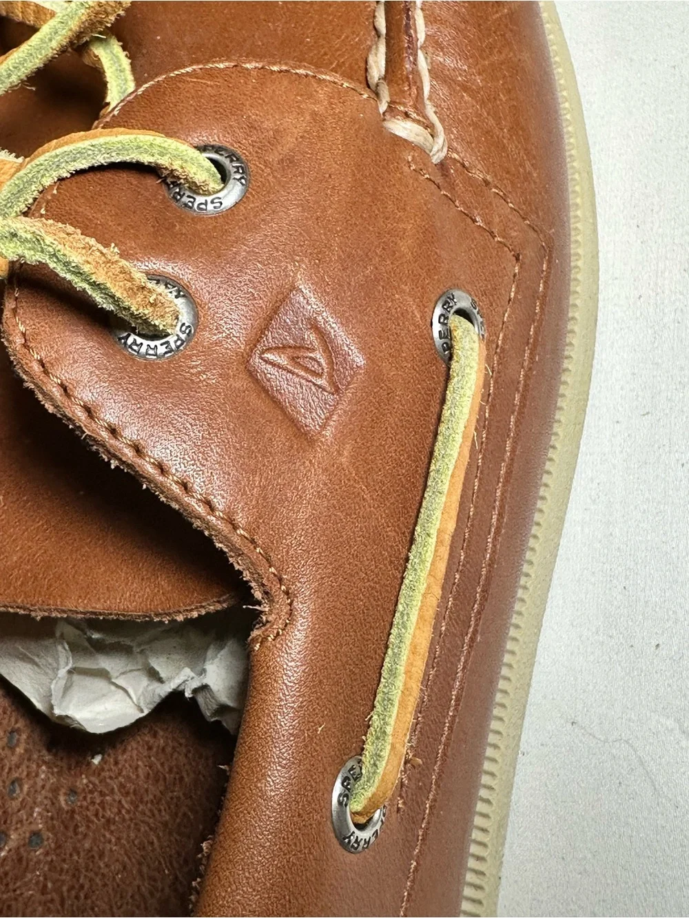 Sperry Brown Leather Boat Shoes with Yellow Accents